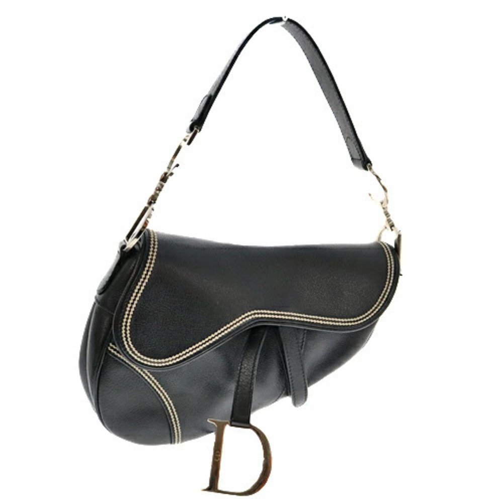 Christian Dior Saddle Bag Shoulder All Leather Black White Stitching